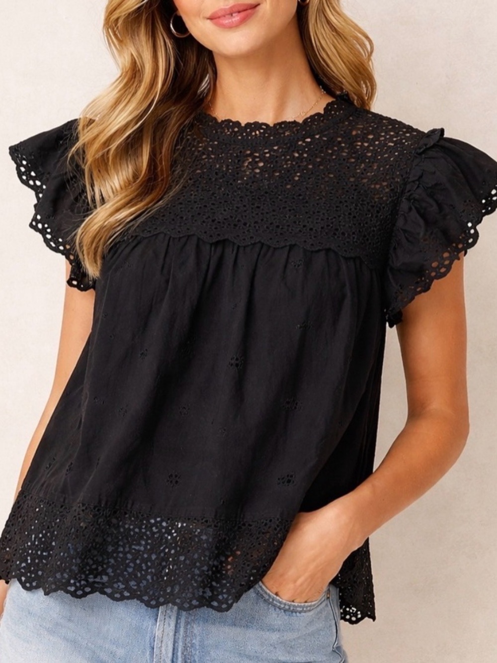 Calypso St Barth black eyelet flutter sleeve cotton top blouse shirt s small
